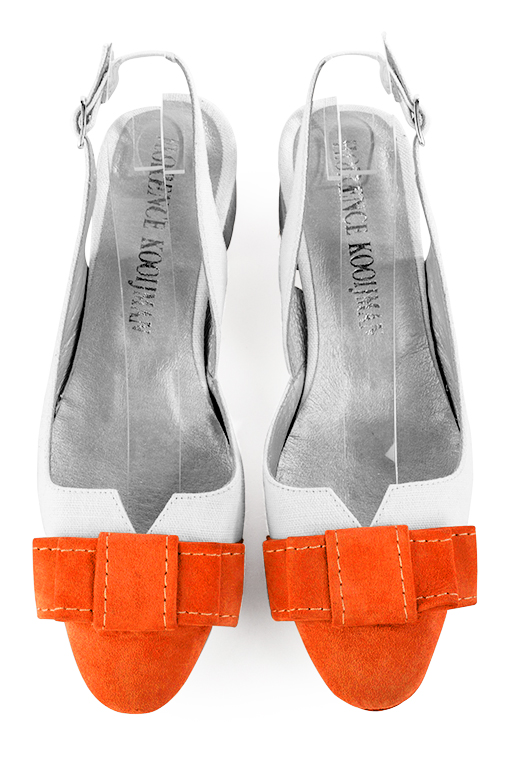 Clementine orange and pure white women's open back shoes, with a knot. Round toe. Low flare heels. Top view - Florence KOOIJMAN